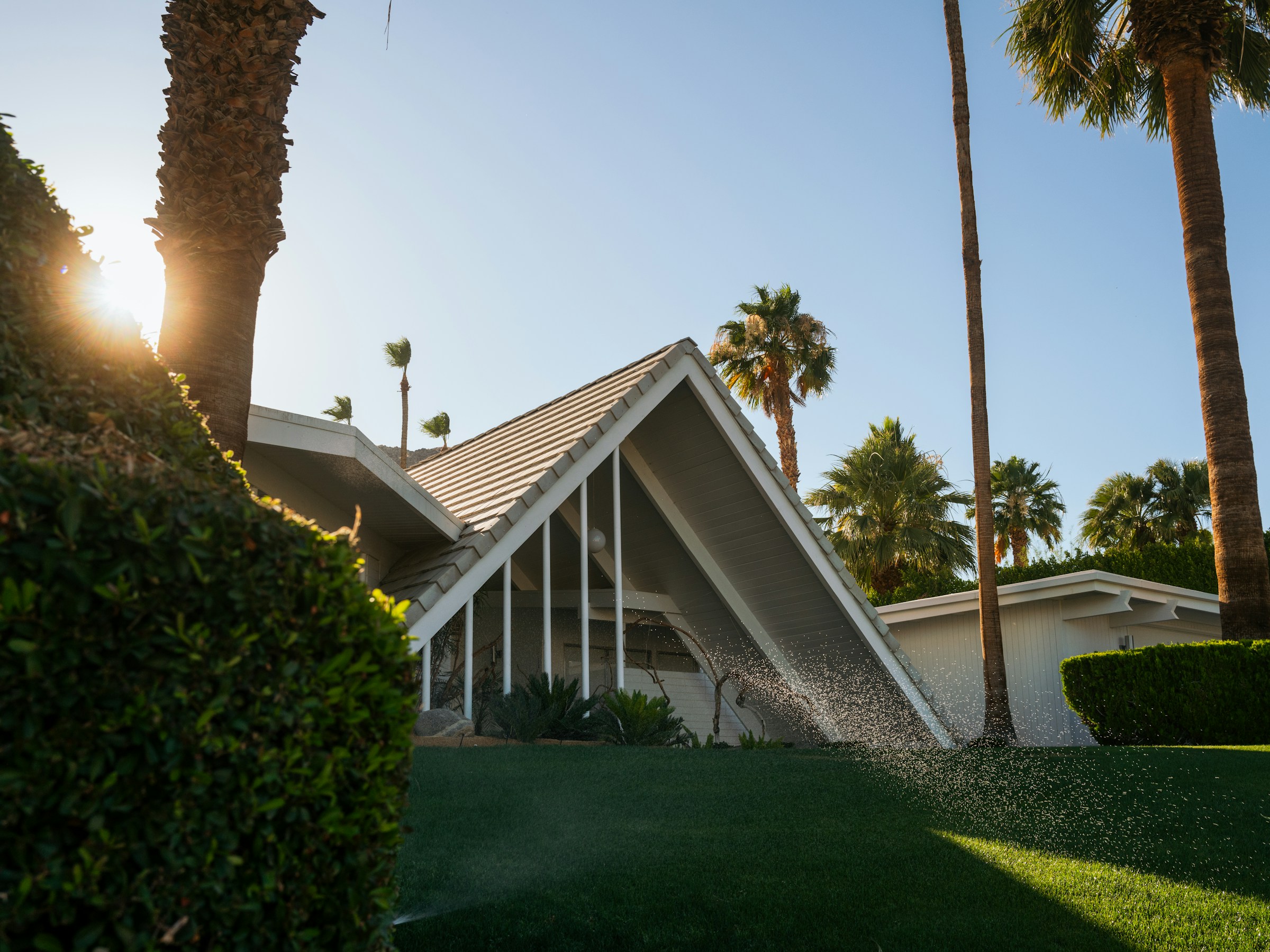 A sunlit home framed by Southern California palms